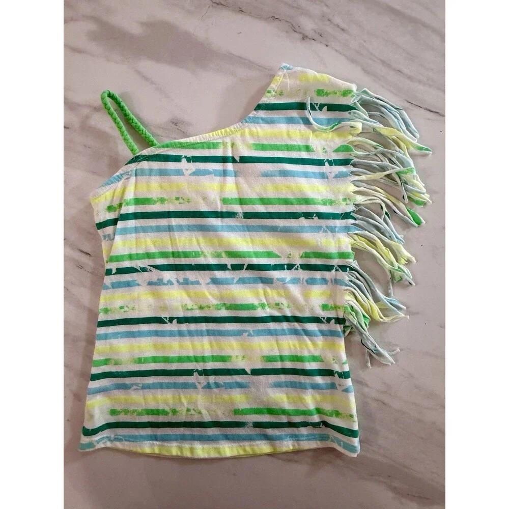 CuteJustice Girls One Strap Top Green Shelf Bra Stripes Fringes Size 7